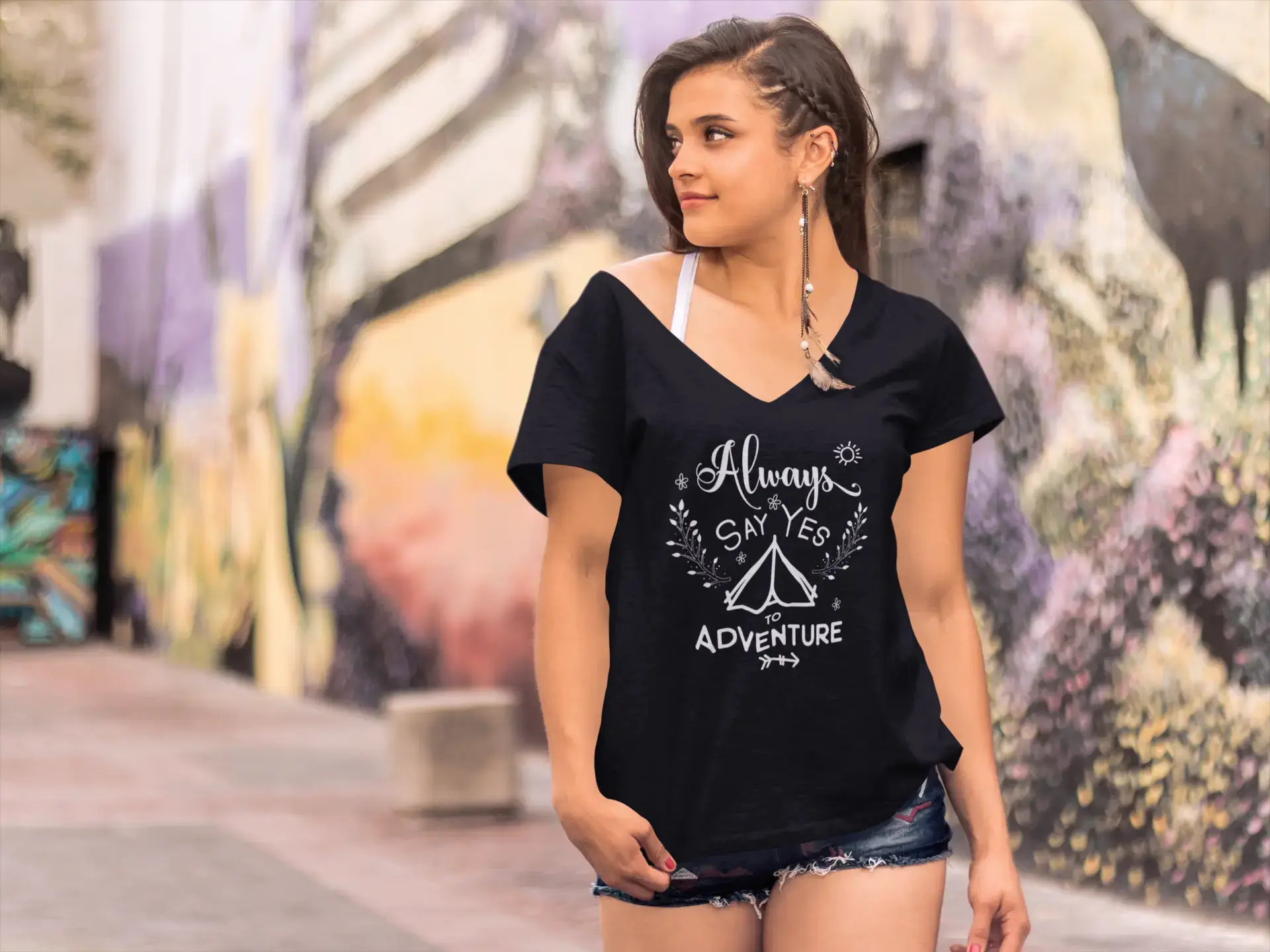 ULTRABASIC Women's T-Shirt Always Say Yes to Adventure - Camping Short Sleeve Tee Shirt Tops Graphic Embroidered Appliqued