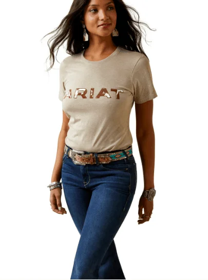 Ariat Women's Oatmeal Heather Cowhide Tee 10045453 Graphic Embroidered Appliqued