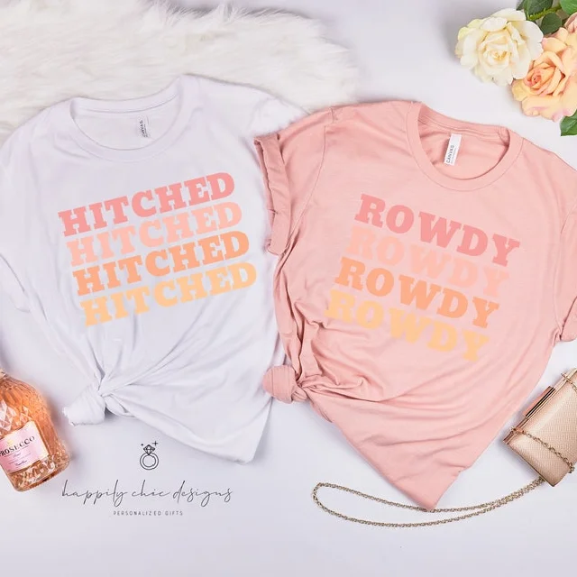 Hitched rowdy bachelorette party shirts- bridal party bridesmaid T-shirts- Nashville country theme shirts- retro colorful Bach babe tee Chenille Brocade Lace