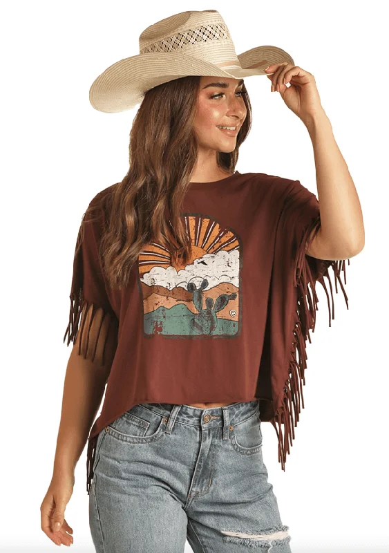 Rock & Roll Cowgirl Women's Brown Desert Fringe Tee RRWT21R0YM Iron Safe Non-Iron Wrinkle Free