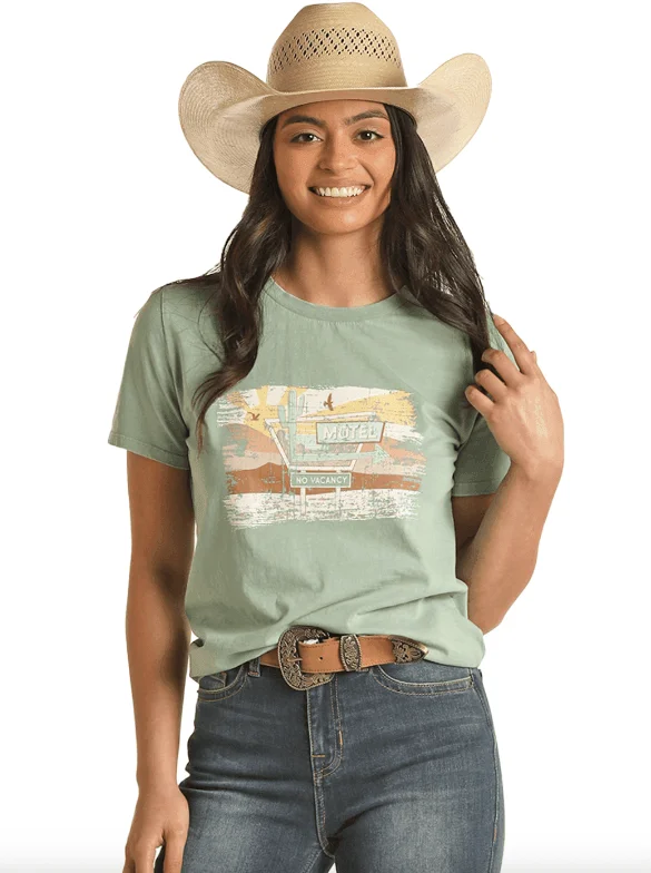 Rock & Roll Cowgirl Women's Motel Sunset Turquoise Tee RRWT21R0YG Spandex Blend Rayon Blend Denim Blend