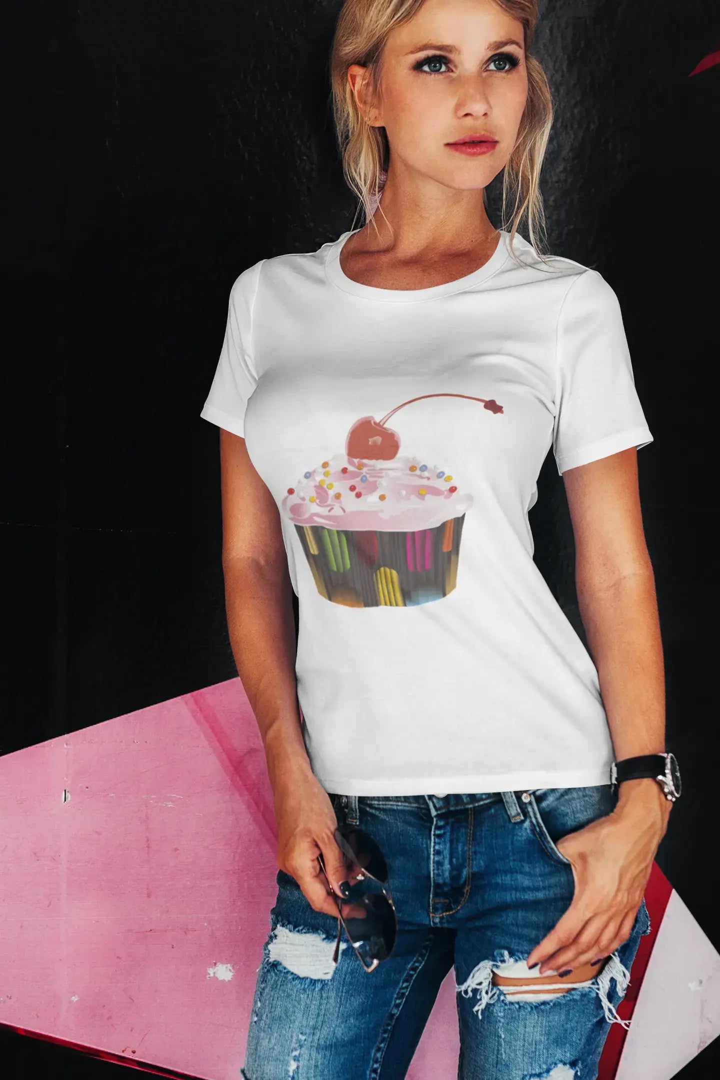 Cupcake Cherry Bomb Pearls, Women's Short Sleeve Crew neck Tee 00152 Modern Contemporary Chic