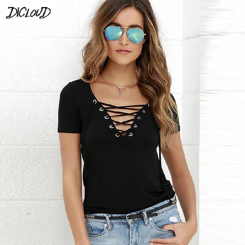 DICLOUD Fashion V-Neck T-Shirt Women New Summer Black Ladies' Tops Short Sleeve Lace Hollow Shirt Tees 2023 Ribbed T-Shirt High Neck Heavyweight