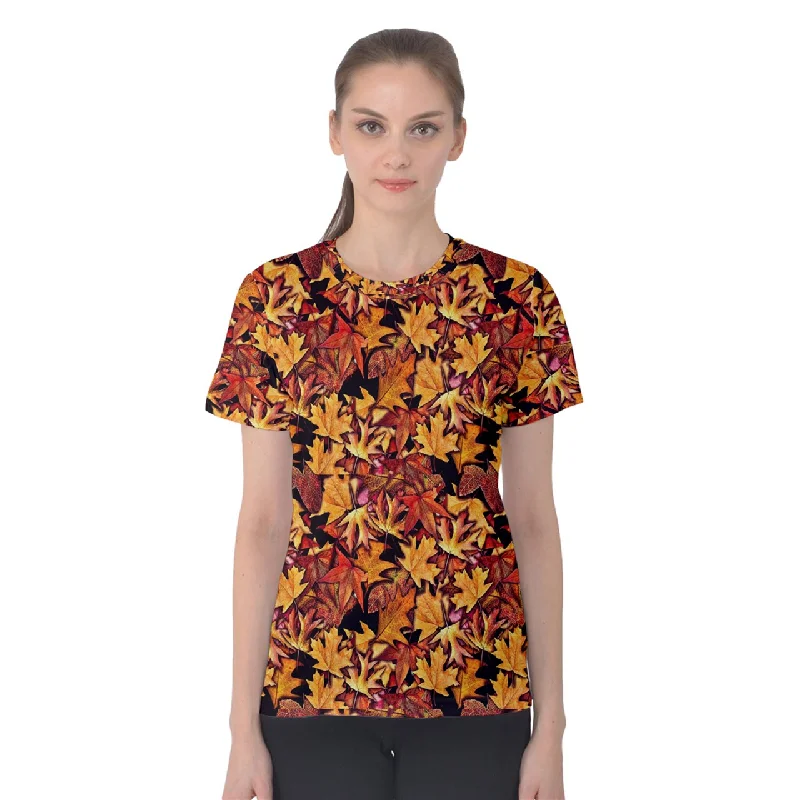 Fall Leaves Pattern Women's Cotton Tee Polka Dot Checkered Tartan