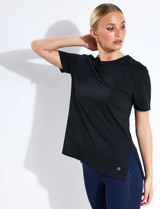 Scoop Neck Mesh Back T-shirt - Black Spandex Blend Rayon Blend Denim Blend