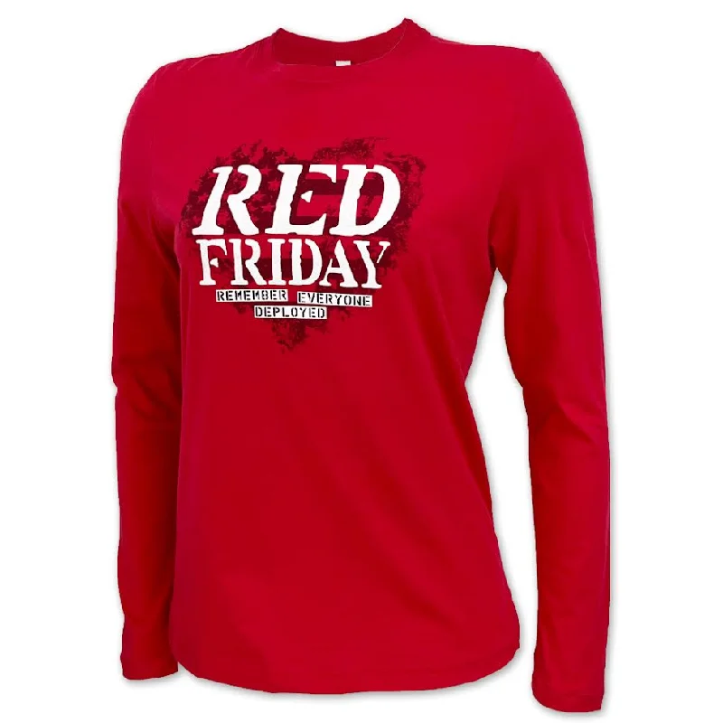 Ladies Red Friday Remember Everyone Deployed Heart Long Sleeve T-Shirt (Red) Knit Fabric Woven Fabric Fleece Fabric