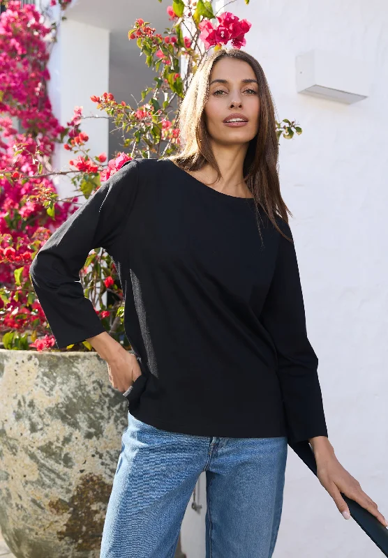 Marina Black - Long Sleeve Breton T-Shirt Iron Safe Non-Iron Wrinkle Free