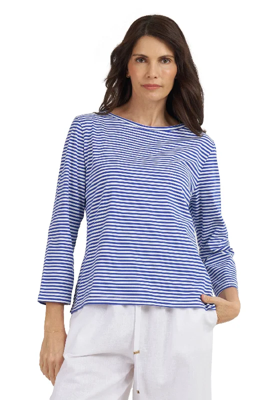 Marina Royal Blue Stripes - Long Sleeve T-Shirt Embroidered Appliqued Beaded