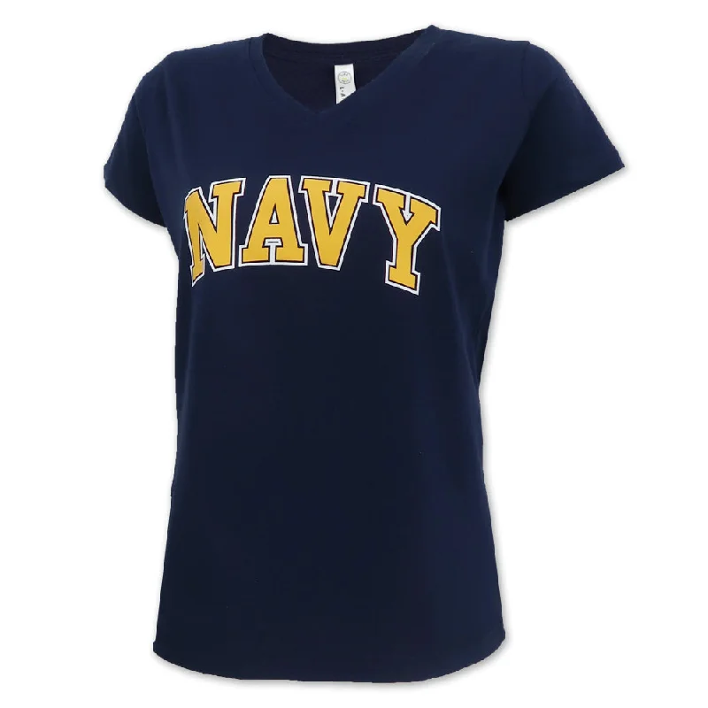 Navy Ladies Arch V-Neck T-Shirt (Navy) Mesh Fabric Canvas Fabric Denim Fabric