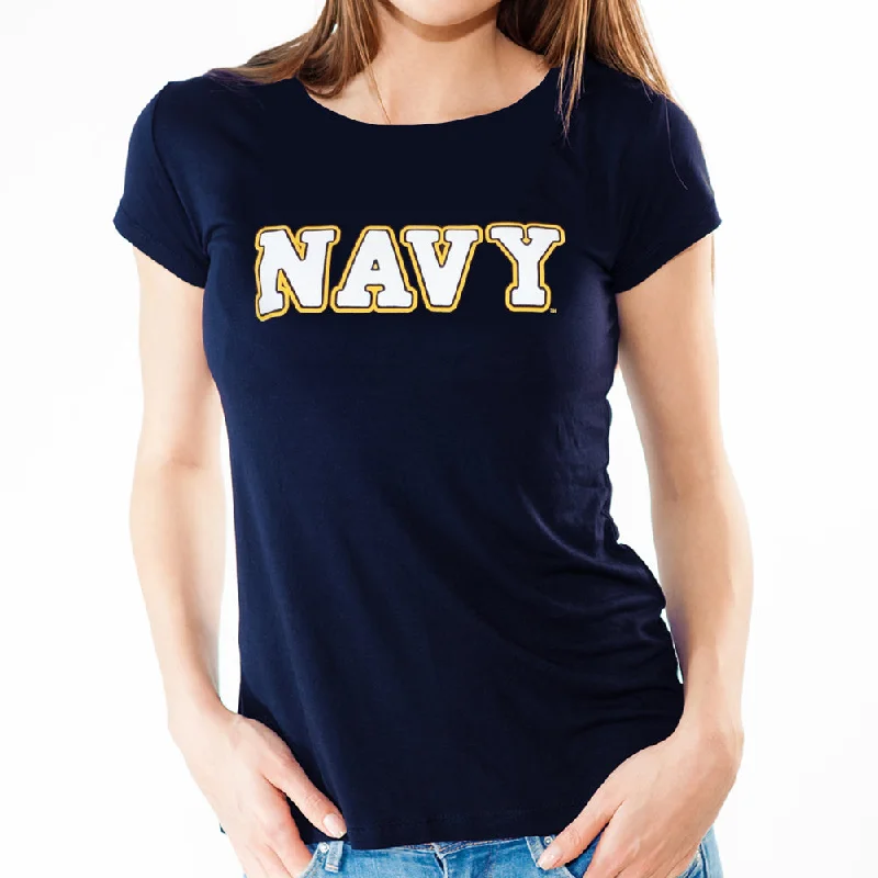 Navy Ladies Bold Core T-Shirt (Navy) Notch Collar Peter Pan Collar Cowl Neck