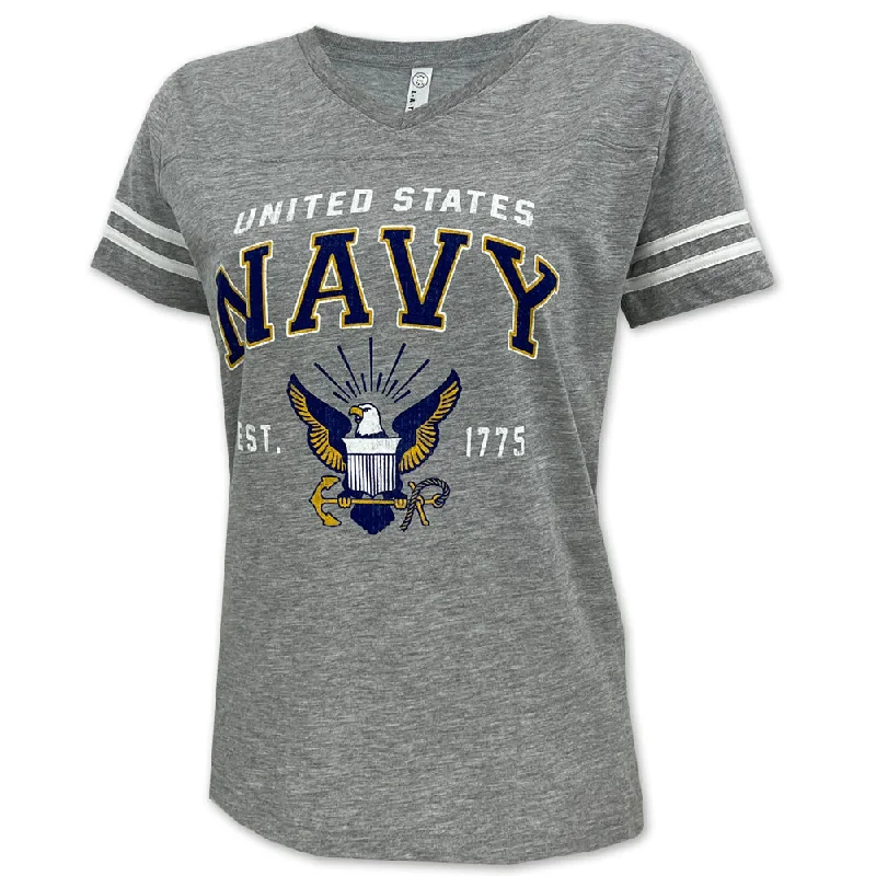 Navy Ladies Eagle Est. 1775 T-Shirt (Grey Heather) Rayon Velvet Corduroy