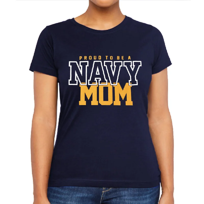 Navy Ladies Proud Mom T-Shirt (Navy) Fleece Fabric Down Fabric Feather Fabric