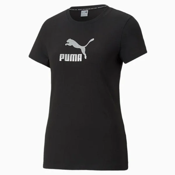 Puma Brand Love Metallic Logo Women's T-Shirt (Black) Lace Blend Ribbed Blend Corduroy Blend