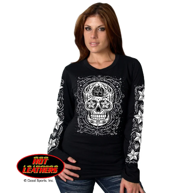 Sugar Skull Long Sleeve Ladies Tee Print Jacquard Patchwork