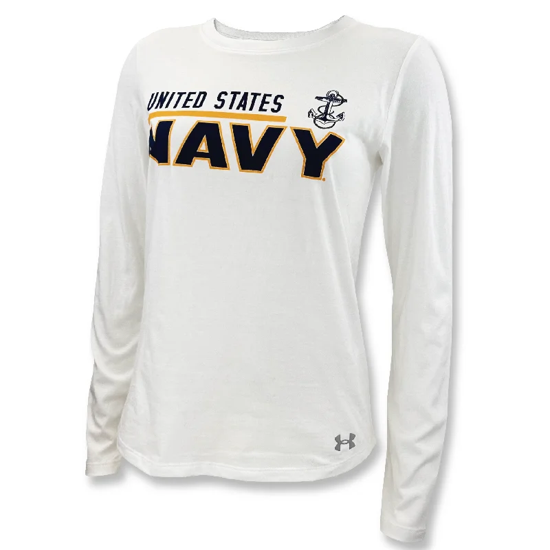 United States Navy Ladies Under Armour Long Sleeve T-Shirt (White) Anti-Pilling Machine Wash Handmade