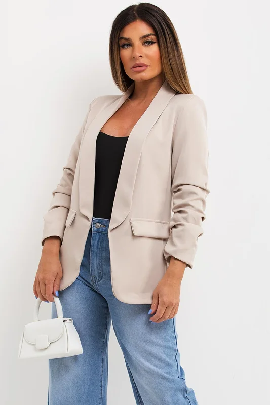 Beige Ruched Sleeve Blazer Jacket Zippered Front Buttoned Front Snap Front