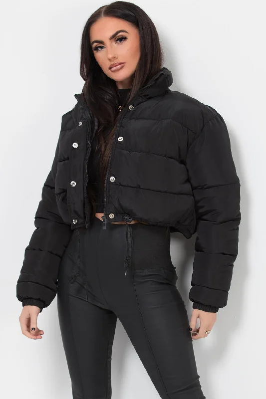 Black Crop Puffer Jacket Welt Pockets Slit Pockets Flap Pockets