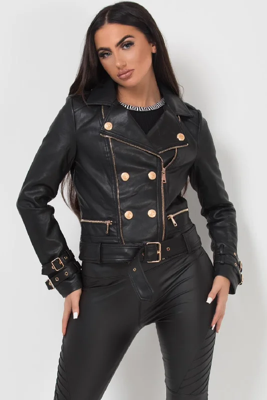 Black Faux Leather Jacket With Gold Button Detail Zippered Jacket Buttoned Jacket Snapped Jacket