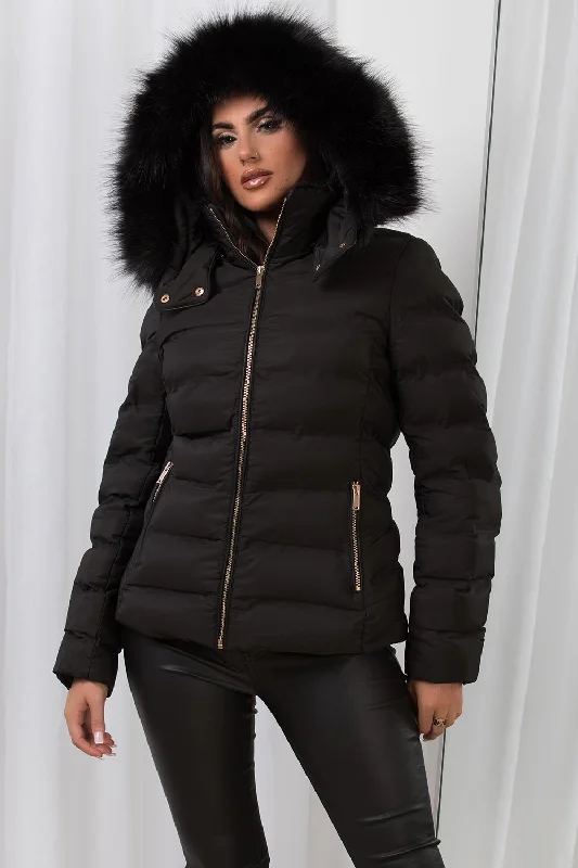 Black Puffer Padded Jacket With Faux Fur Hood Faux Fur Jacket Real Fur Jacket Shearling Jacket