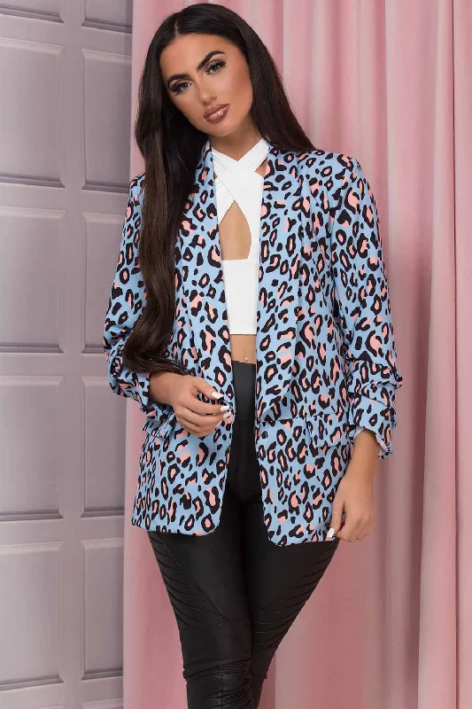 Blazer Jacket With Ruched Sleeves Blue Leopard Print Plaid Jacket Tartan Jacket Houndstooth Jacket