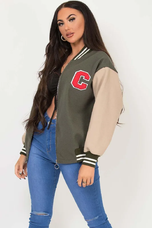 C Slogan Varsity Bomber Jacket Khaki Fleece Jacket Down Jacket Parka