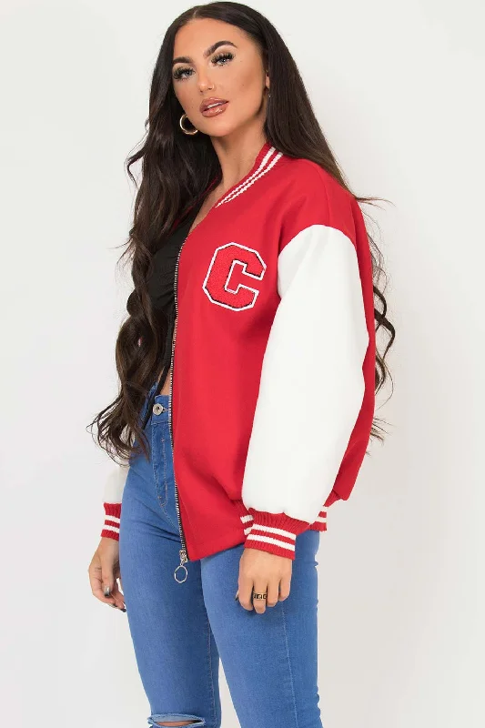 C Slogan Varsity Bomber Jacket Red Denim Jacket Leather Jacket Suede Jacket