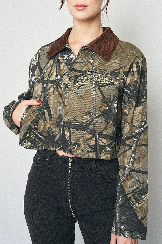 Canvas Construction Crop Jacket in Forest Camo Elasticated Jacket Padded Jacket Insulated Jacket