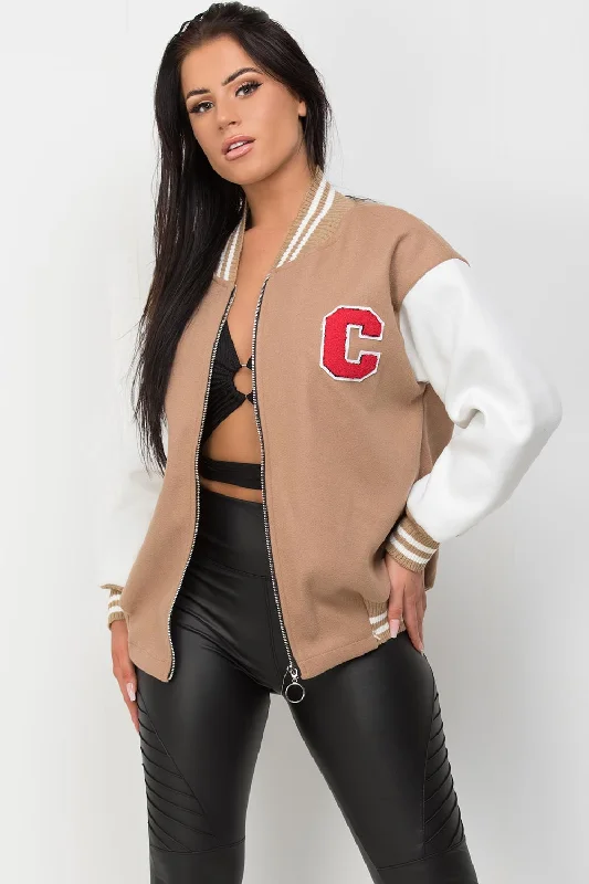 C Slogan Varsity Bomber Jacket Beige Embroidered Jacket Appliqued Jacket Beaded Jacket