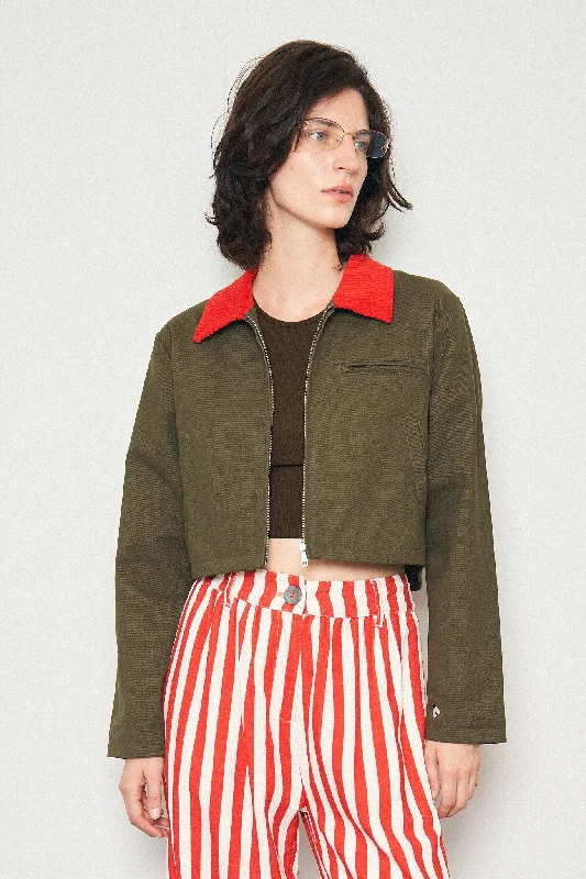 Canvas Construction Crop Jacket in Moss/red Bomber Jacket Anorak Windbreaker