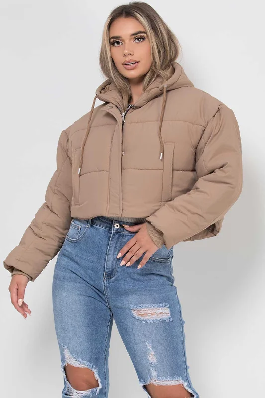 Crop Puffer Jacket With Hood Beige Tailored Jacket Straight Jacket A-Line Jacket