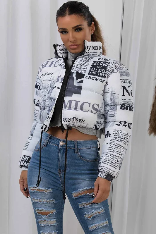 Cropped Puffer Jacket Newspaper Print Knit Jacket Woven Jacket Fleece Jacket