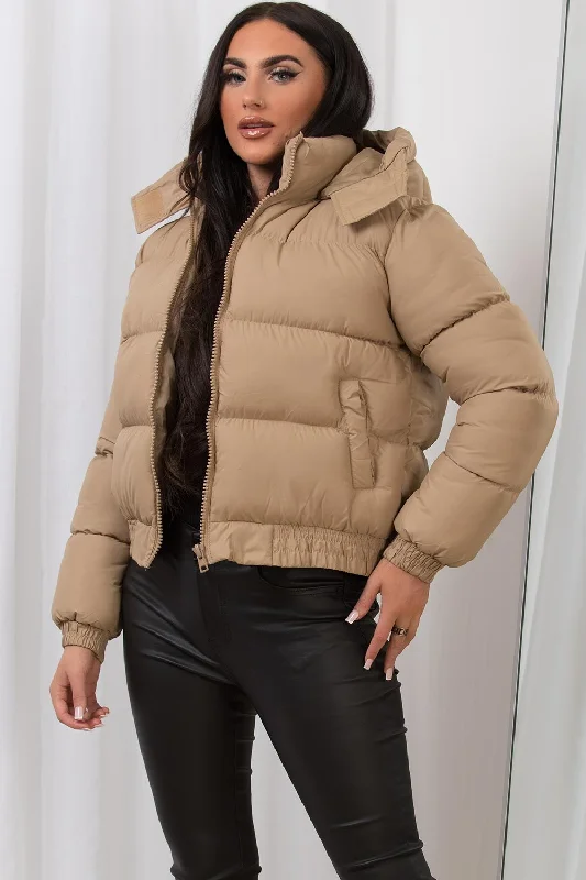 Cropped Puffer Jacket with Hood Beige Quilted Jacket Puffer Jacket Insulated Jacket