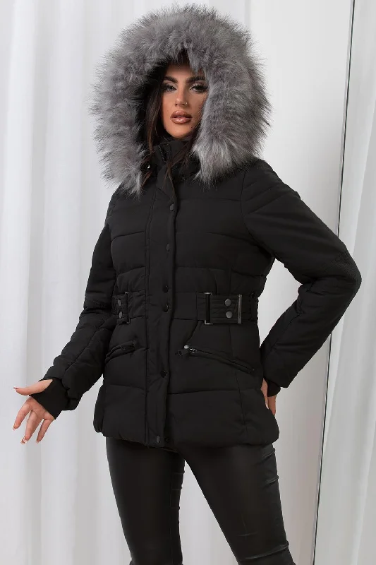 Faux Fur Hood Puffer Jacket With Buckle Belt Black Mesh Jacket Canvas Jacket Denim Jacket