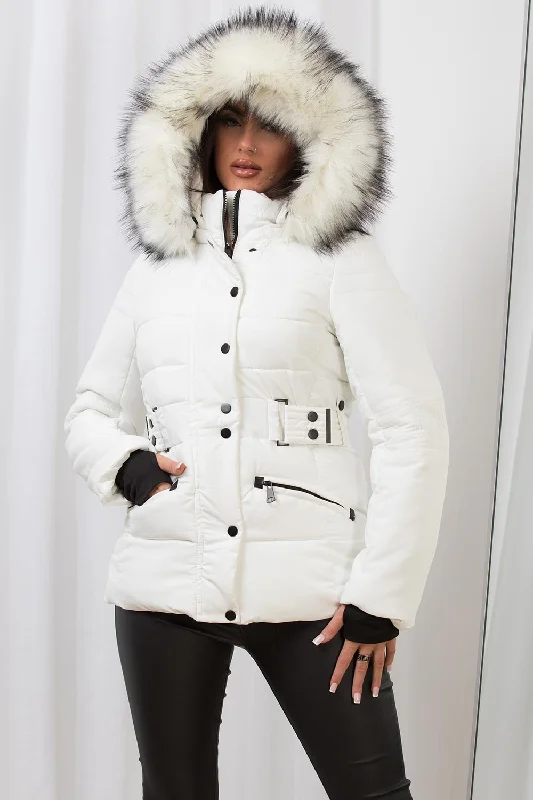 Faux Fur Hood Puffer Jacket With Buckle Belt White Lace Jacket Ribbed Jacket Sequined Jacket