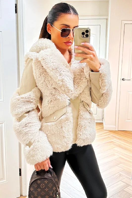 Faux Fur Lined Faux Leather Aviator Jacket Beige Notch Collar Peter Pan Collar Cowl Neck