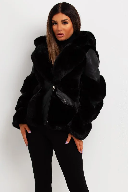 Faux Fur Lined Faux Leather Aviator Jacket Black Oversized Jacket Tailored Jacket Straight Jacket