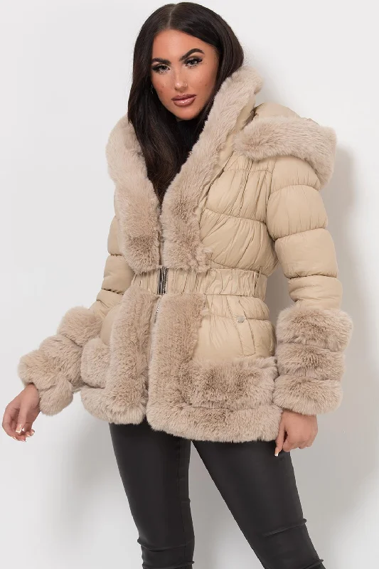 Faux Fur Trim Puffer Hooded Down Jacket With Belt Beige A-Line Jacket Boat Neck Shawl Collar