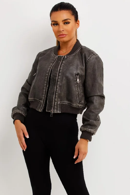 Faux Leather Bomber Jacket Grey Welt Pockets Slit Pockets Flap Pockets