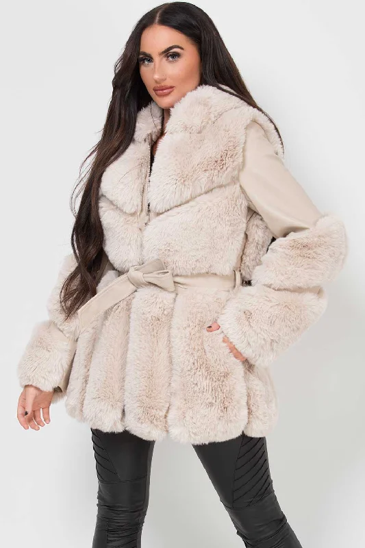 Faux Leather Faux Fur Panel Hooded Jacket With Belt Cream Fleece Jacket Down Jacket Feather Jacket