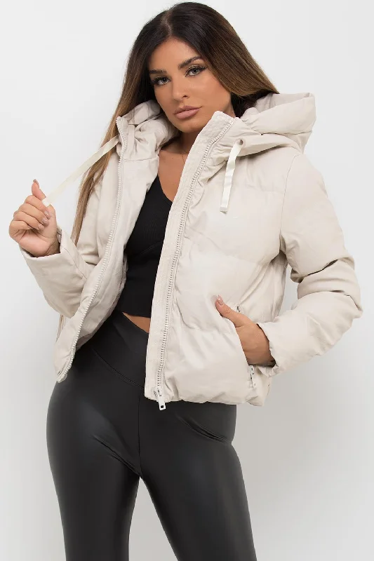 Faux Leather Puffer Jacket With Hood Beige Stand-Up Collar Roll-Neck Collar Turtle Neck