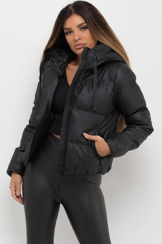 Faux Leather Puffer Jacket With Hood Black Tailored Jacket Straight Jacket A-Line Jacket