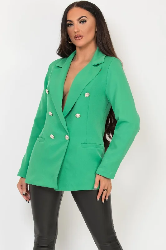 Green Double Breast Blazer Jacket With Gold Buttons Fleece Fabric Down Fabric Feather Fabric