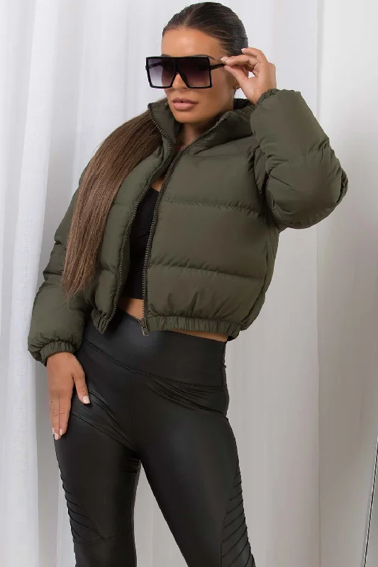 Khaki Crop Puffer Jacket Fleece Jacket Down Jacket Parka