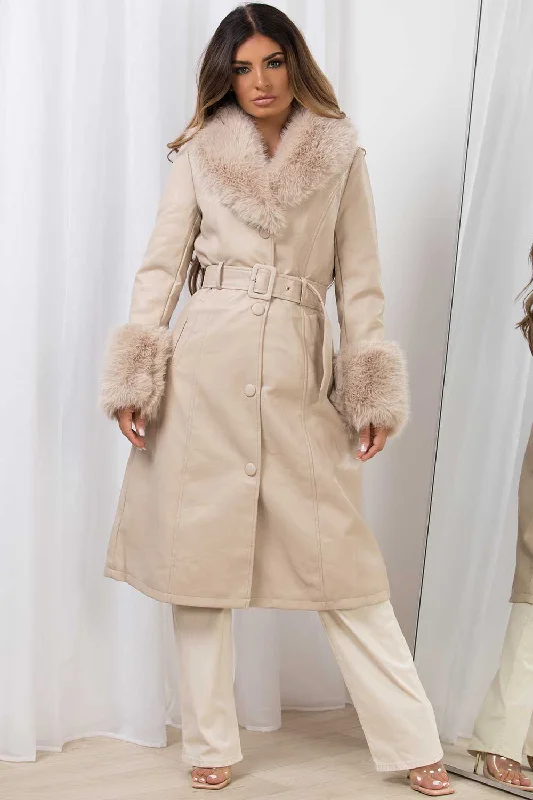 Long Faux Fur Faux Leather Jacket With Belt Beige Fitted Jacket Loose Jacket Oversized Jacket