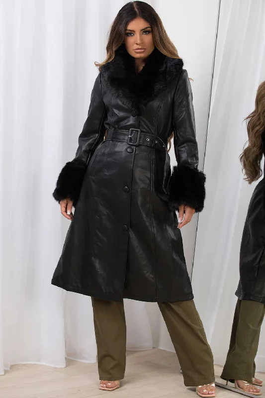 Long Faux Fur Faux Leather Jacket With Belt Black Toggled Jacket Drawstring Jacket Belted Jacket