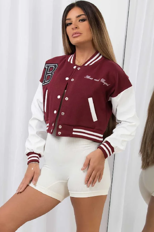 PU Sleeve Varsity Bomber Cropped Letterman Jacket Wine Red Herringbone Jacket Checkered Jacket Solid Jacket