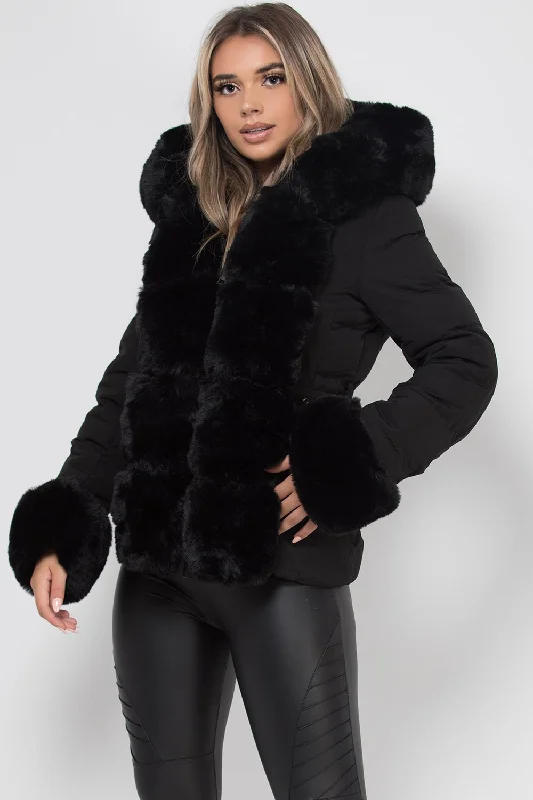 Puffer Jacket With Luxury Faux Fur Hood And Trim Black Knit Jacket Woven Jacket Fleece Jacket