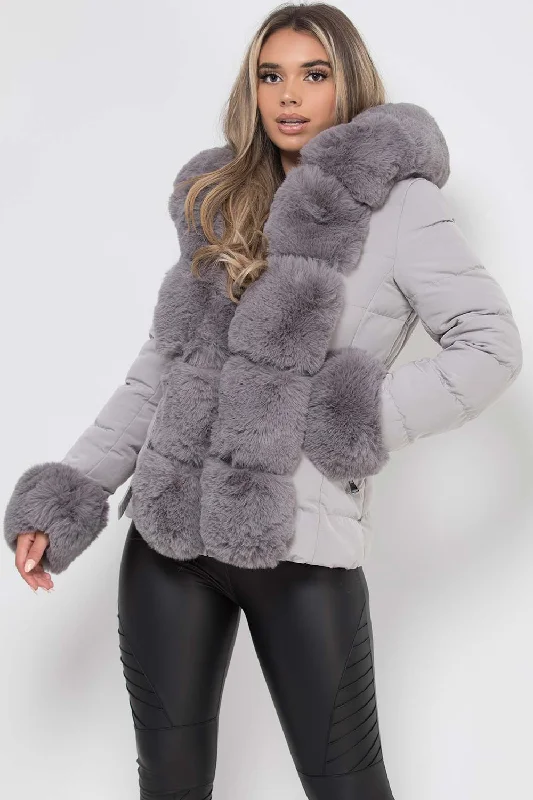 Puffer Jacket With Luxury Faux Fur Hood And Trim Grey Faux Fur Jacket Real Fur Jacket Shearling Jacket