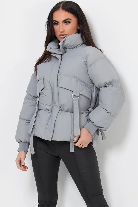 Puffer Jacket With Pocket Detail Grey Faux Fur Fabric Real Fur Fabric Shearling Fabric