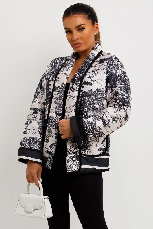 Satin Quilted Blazer Jacket With Jungle Print Black White Fleece Fabric Down Fabric Feather Fabric